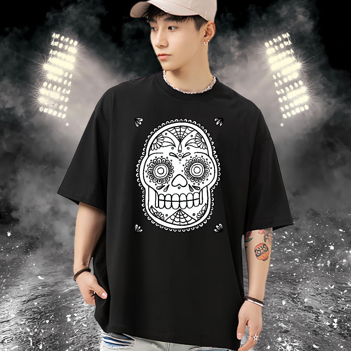 Loose Fit T Shirt For Man 230g Pure Cotton skull Beach Custom Printed Breathable Short Sleeve Tshirt for Man Woman Classic Polos