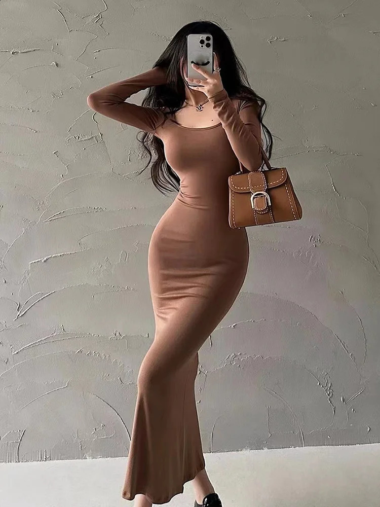 Ribbed Solid Long Sleeve Square Neck Skinny Mid Length Dress Black Fall Sexy Evening Party Elegant Vestido Ladies Long Dresses 240823