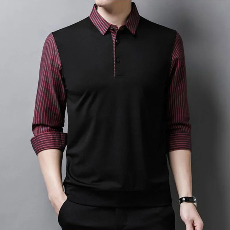 Fashion Men Striped Long Sleeve Polo Shirts Spring Autumn Cotton Patchwork Male Clothes Lapel Business Loose Solid Casual Tops 240824