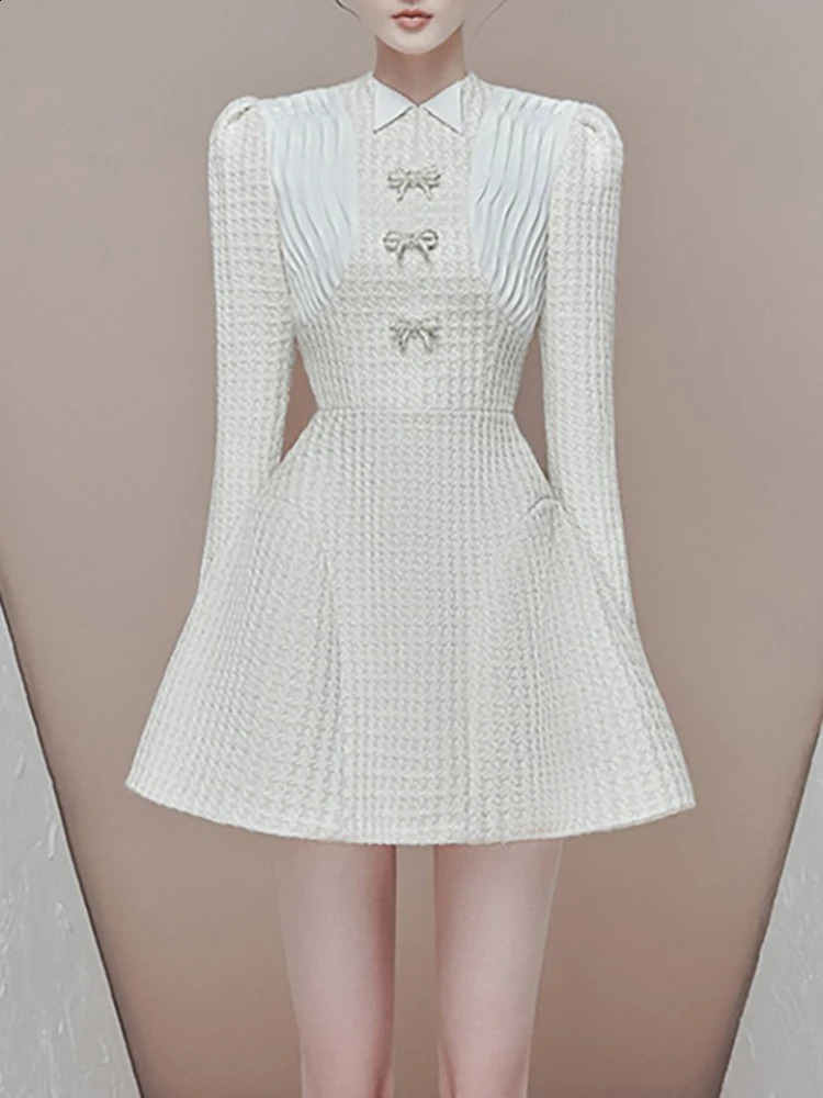 DEAT Autumn Tweed Spliced Bow Long Sleeve Womens Dress Solid Color Zipper O-neck Elegant Party Mini Female Dress 15C359 240824