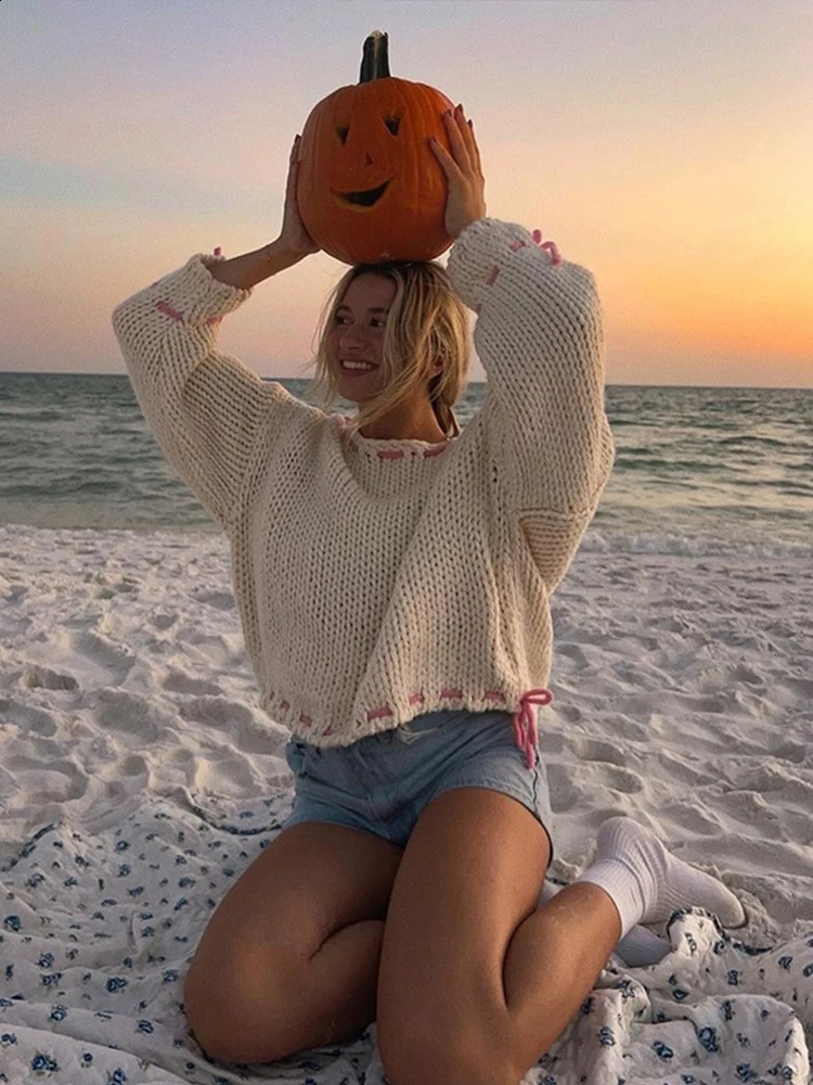 Casual Skew Neck Knit Pullover Women Loose Lace Up Sweater Female Autumn Off Shoulder Patchwork Long Sleeves Top Lady 240824