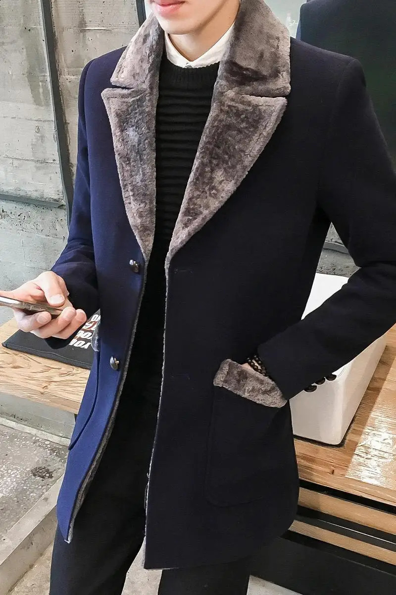 Fur collar trench coat mens wool blend winter coat slim fit mens Mento mens medium length black gray mens trench coat blue S~5XL 240823