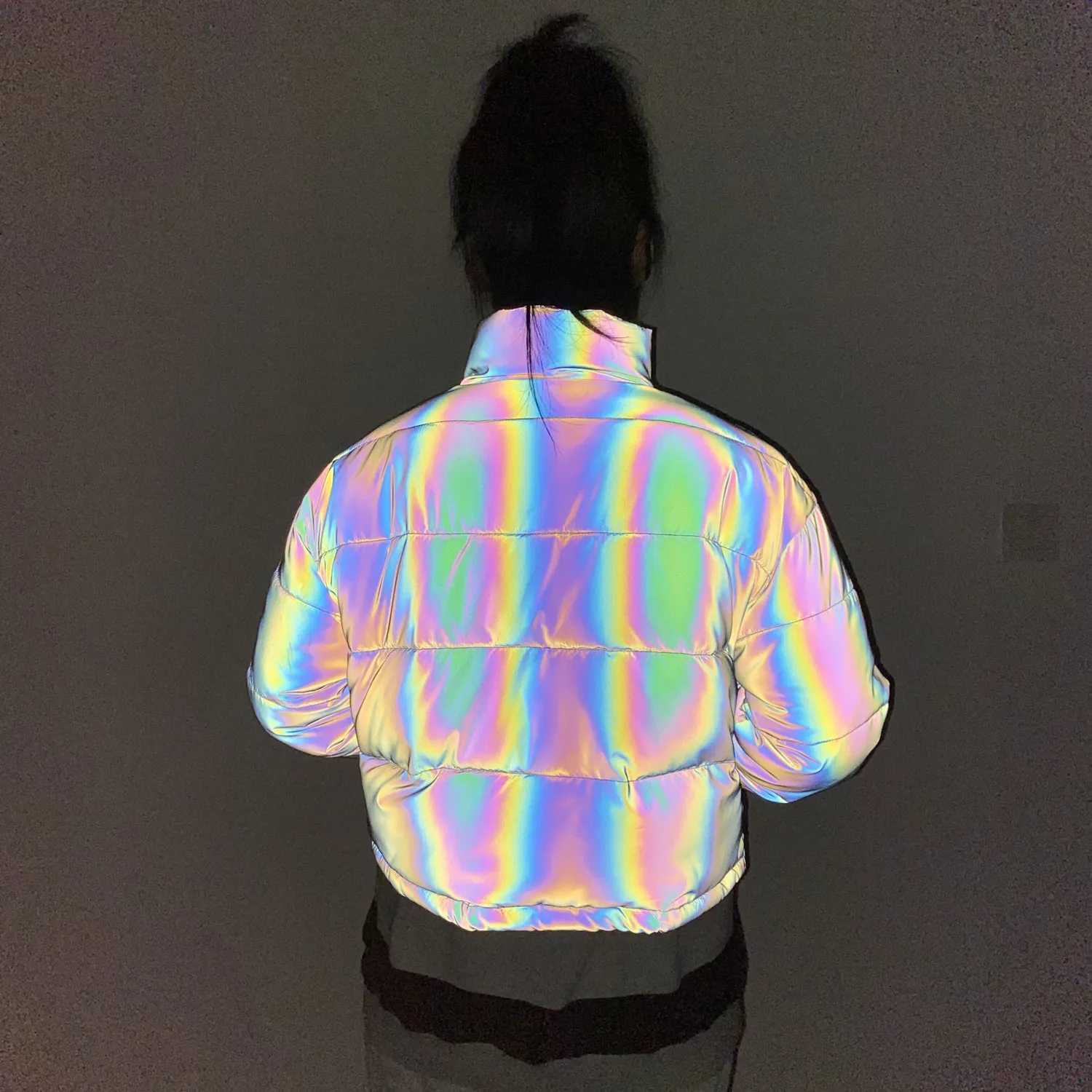 Women's Down Parkas Rainbow reflective winter jacket for women fashionable warm cut jacket night reflective safe casual short park jacket Y240824