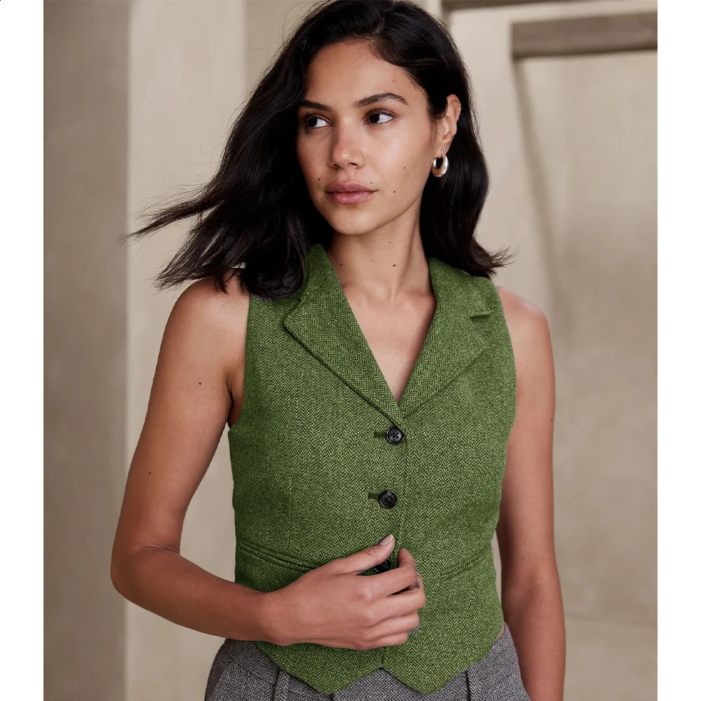 Herringbone Tweed Vest for Women Tailored Collar Slim Fit Womens Waistcoat Sleeveless Jacket Female Outerwear Jackets Knit Vest