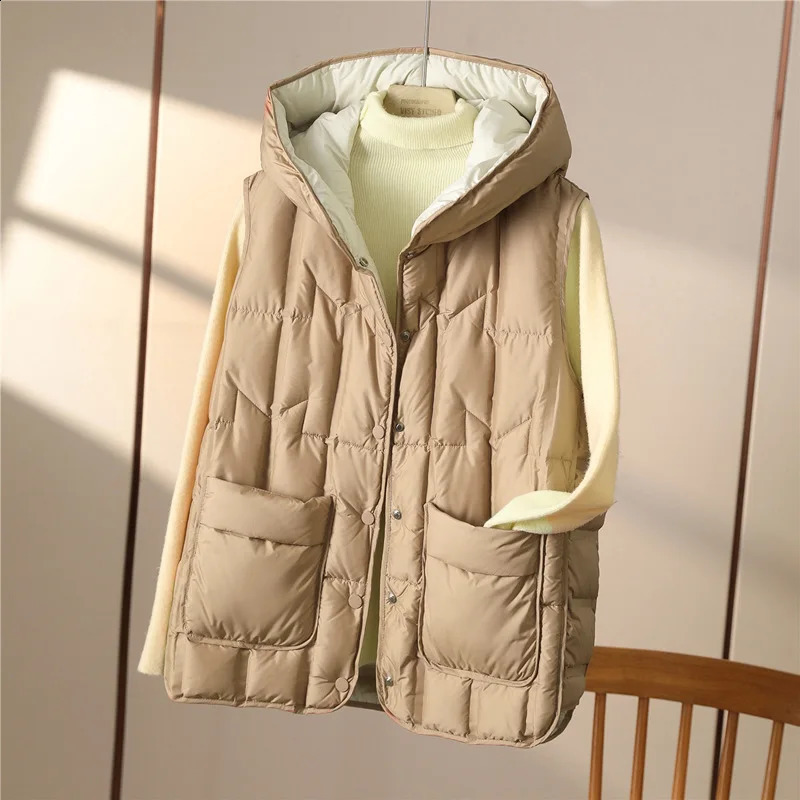 Womens 90% white duck down ultra light sleeveless jacket autumn and winter fashion hooded basic womens warm vest 240823