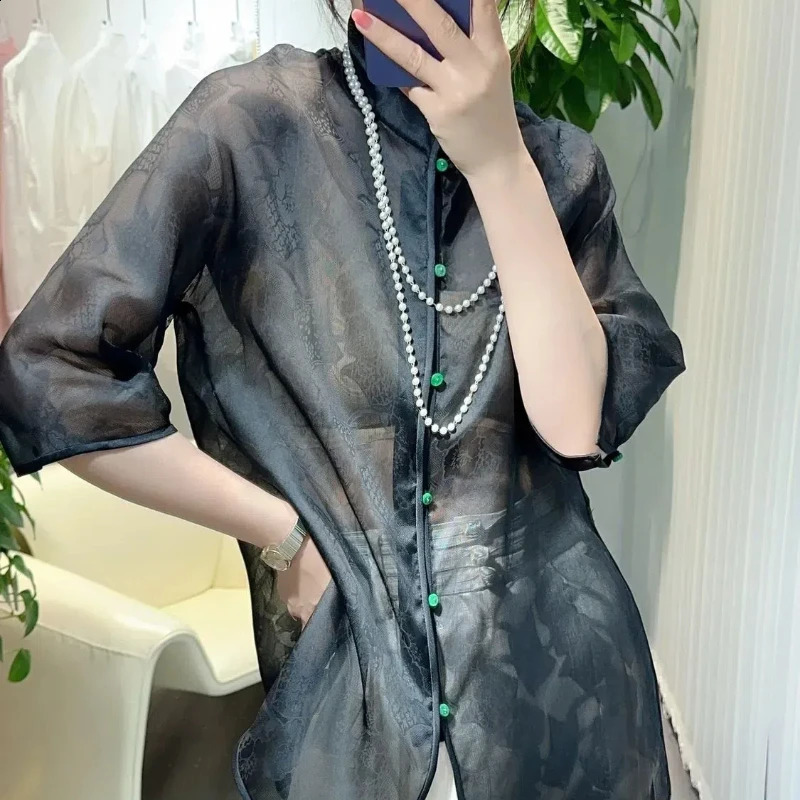 Spring and Autumn Chinese Style Minimalist Fashion Mid to Long Blouses Stand Up Collar Solid Color Button Womens Shirt Top 240823