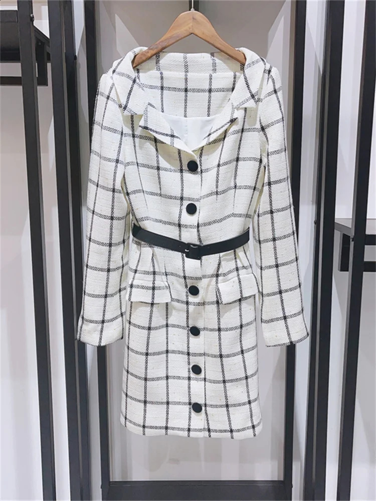 Women Tweed Plaid Mini Dress Spring Summer Turn Down Collar Ladies Long Sleeve Single Breasted Short Robe with Belt 240824