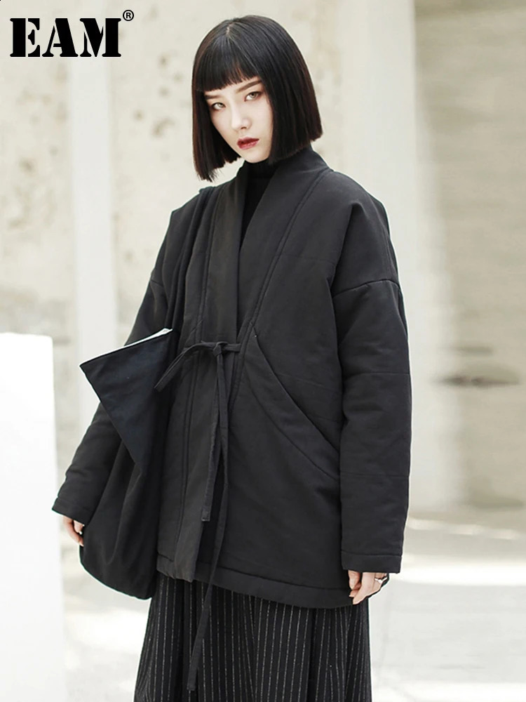EAM Spring Vneck Long Sleeve Black Loose Short Bandage Cotton Pad Large Size Coat Womens Fashion JK133 240823