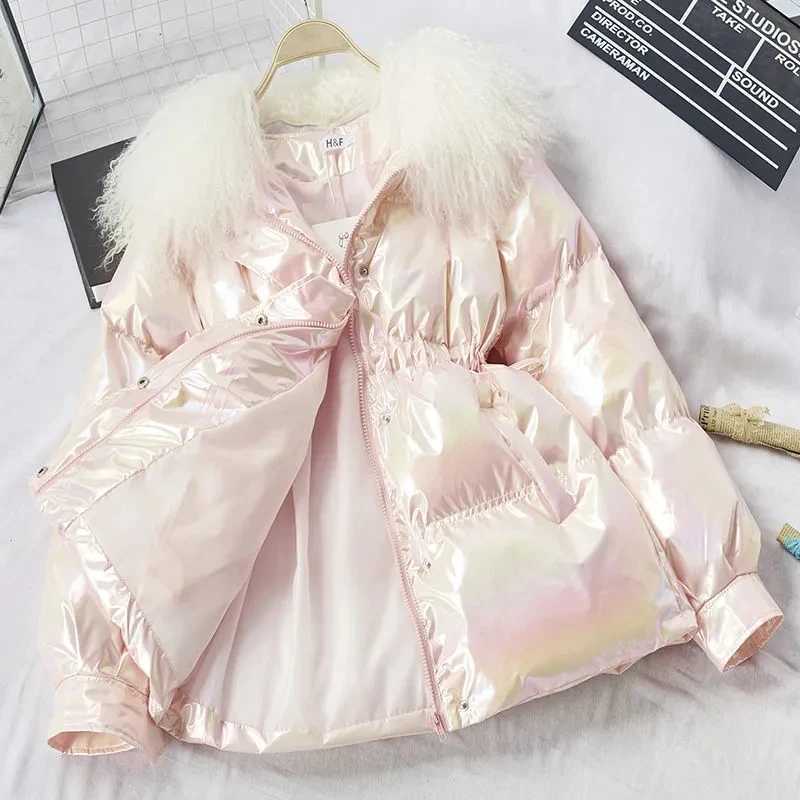 Women's Down Parkas Big Fur collar Glossy Parka Cotton Jacket Womens Winter New Korean Loose Warm Coat Female Thicken Outwear Casual Parkas Jacke