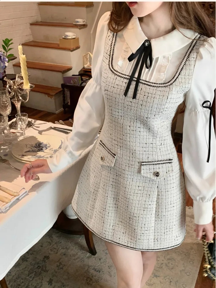 French Vintage Patchwork Short Dresses for Women Long Sleeves Tweed Korean Birthday Party Evening Dresses Autumn Spring Vestidos 240824