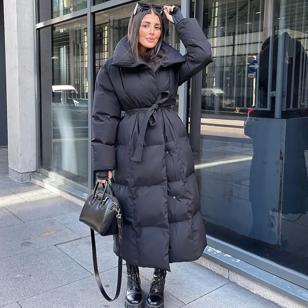 Malina Thick Loose Parkas Womens Fashion Solid Color Button Coat Elegant Tie Long Cotton Jacket 240823
