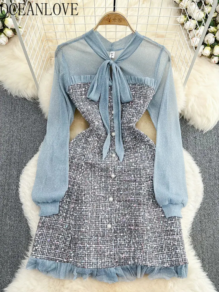 OCEANLOVE Tweed Ruffles Elegant Vestidos De Mujer Patchwork Autumn Winter Bow Women Dresses Vintage Sweet Mini Dress Korean 240824
