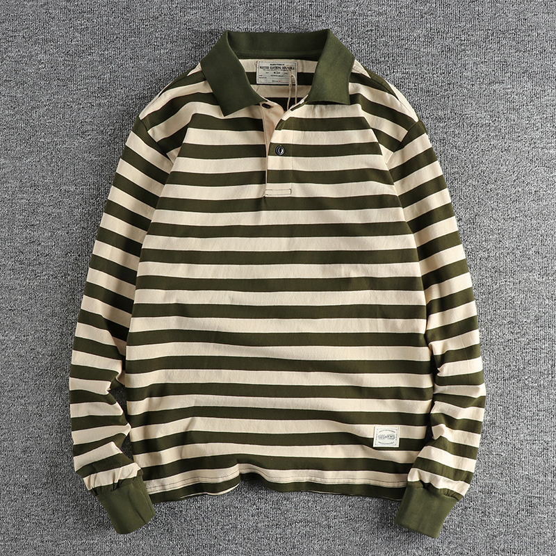 Autumn American Retro 250g Long Sleeve Laepl Sailor Striped Polo Shirt Mens Fashion 100% Cotton Washable Heavy duty Tshirt w240824