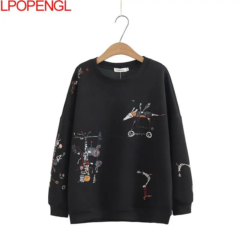 Harajuku Sweatshirt Women Autumn Winter Fashion Casual Stitch-embroidered Long-sleeved O- Neck Breathable Hoodie Top 240824