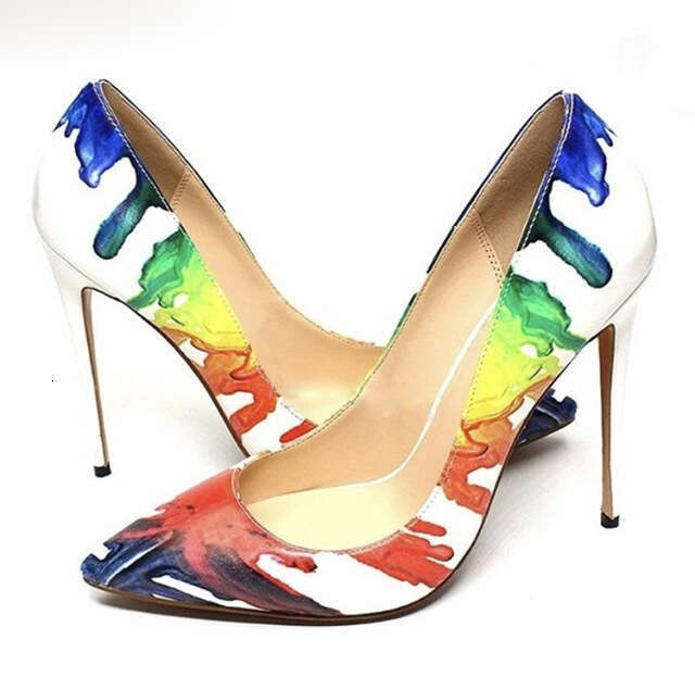 Woman Splash Watercolor Printed Leather Multicolor Dress Heels Wedding Pump Thin High Heeled Party Pointed Toe Shoes 241113