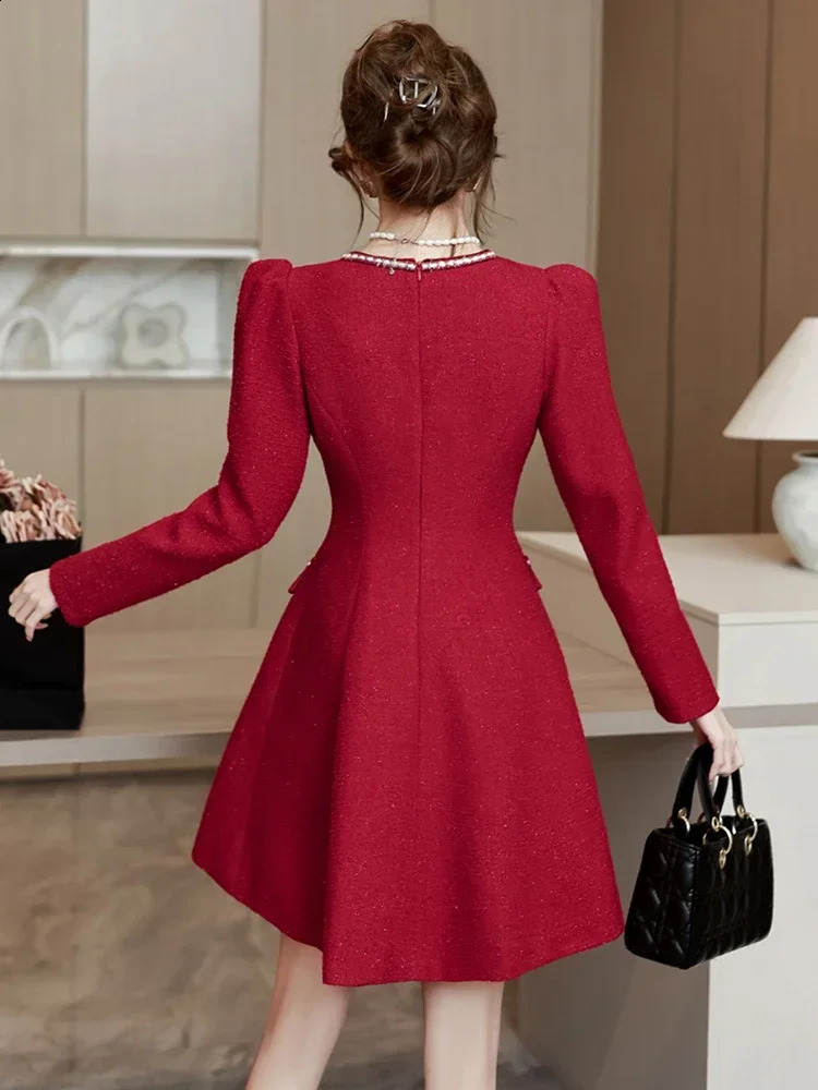 High Quality Red Tweed Dress Women Elegant V-neck Puff Long Sleeve Vintage Woolen Evening Party Dresses Christmas Vestidos 240824