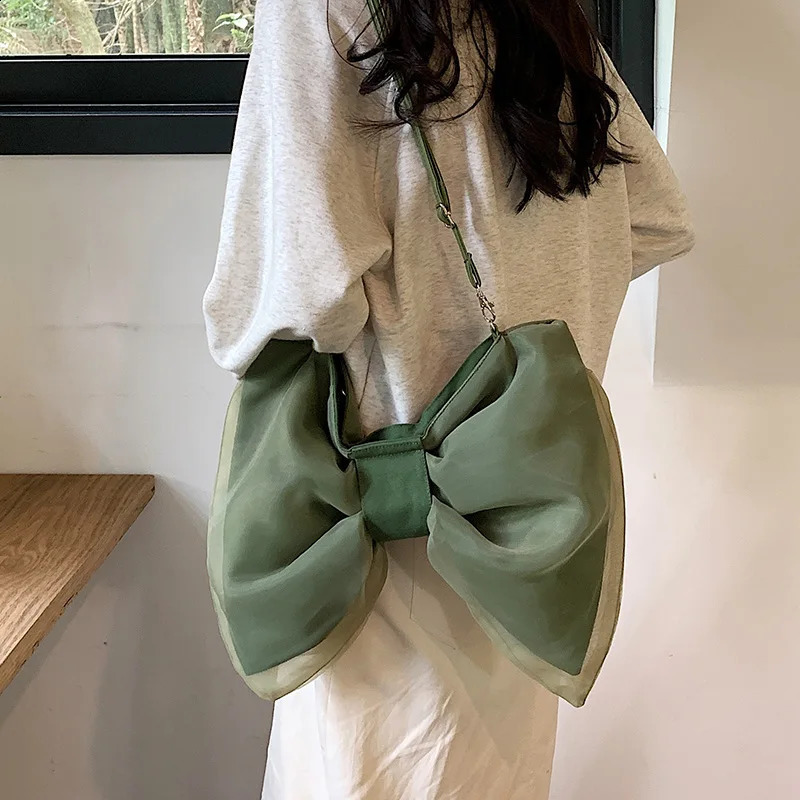 Summer Girl Handbags Fashion Cute Black White Green Chiffon Big Bow Shoulder Crossbody Bag For Women Daily Shopping Handbag 240823