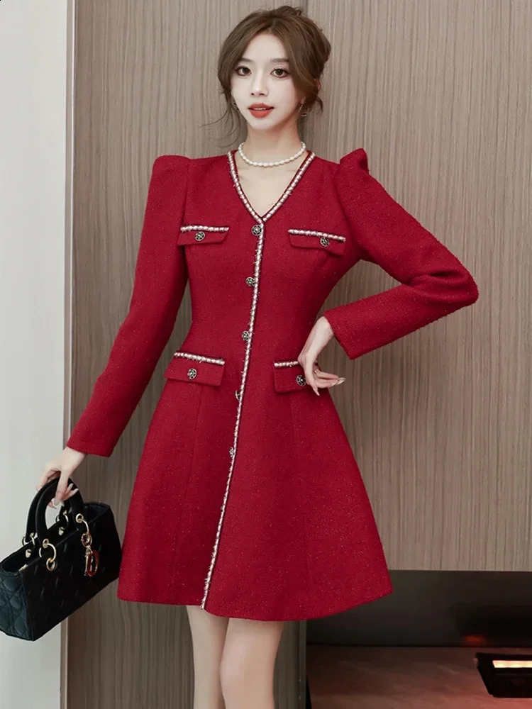 High Quality Red Tweed Dress Women Elegant V-neck Puff Long Sleeve Vintage Woolen Evening Party Dresses Christmas Vestidos 240824