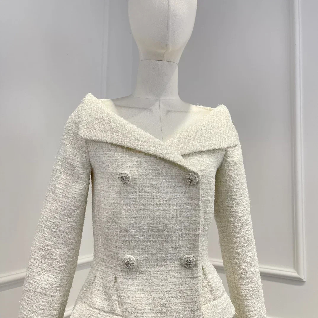 Spring Top Quality Beige Long Sleeve High Waist Double Breasted Tweed Elegant Mini Dress for Women 240824