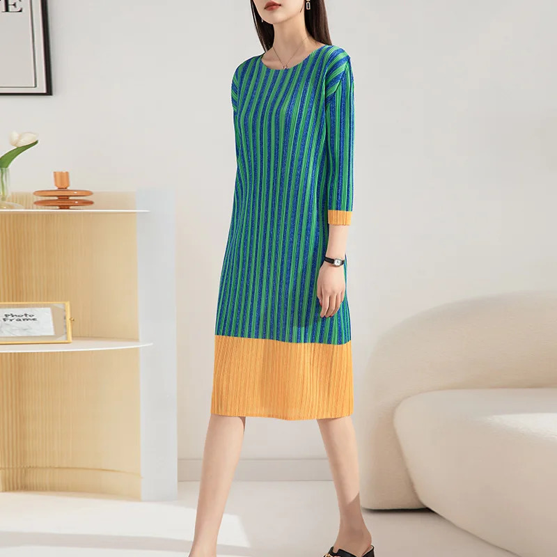 Miyake Pleated Dress Women Spring Autumn Fashion Printed Loose Large Size Contrast Color Round Neck Mid-Length Dresses 240824