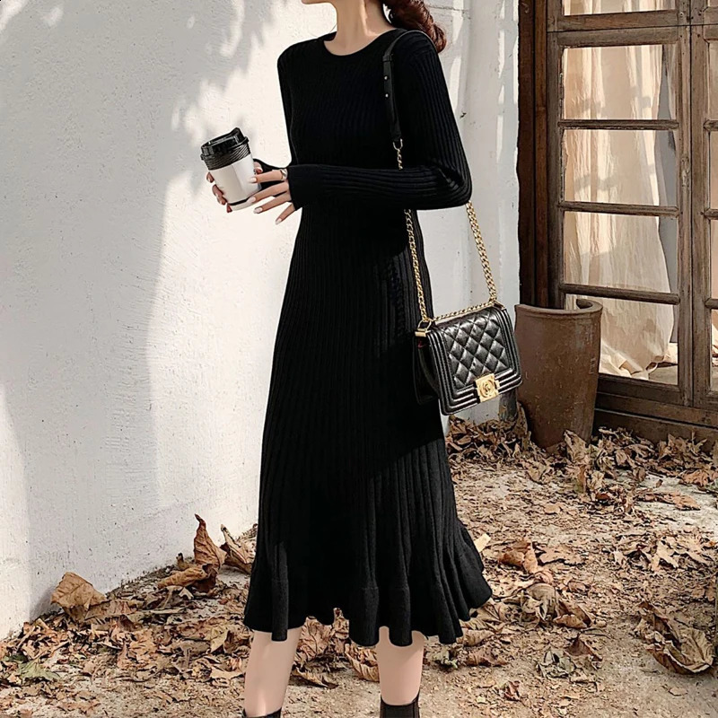 Women Clothing Autumn Winter Fashion Elegant Ruffle Ribbed Knitted Dresses Casual Solid O Neck Long Sleeve Slim Basic Midi Dress 240824