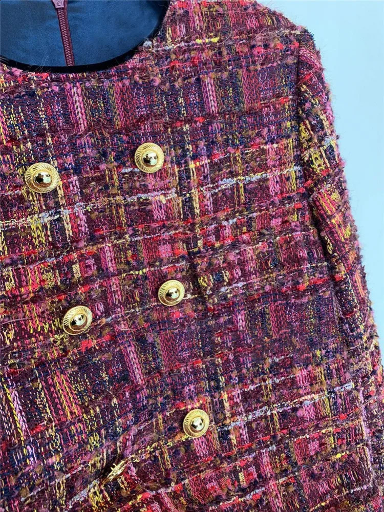 Office Ladies Tweed Dress Loose Fit Straight Long Sleeve Double Breasted O-Neck Spring Women Short Dresses Vintage Plaid Dress 240824