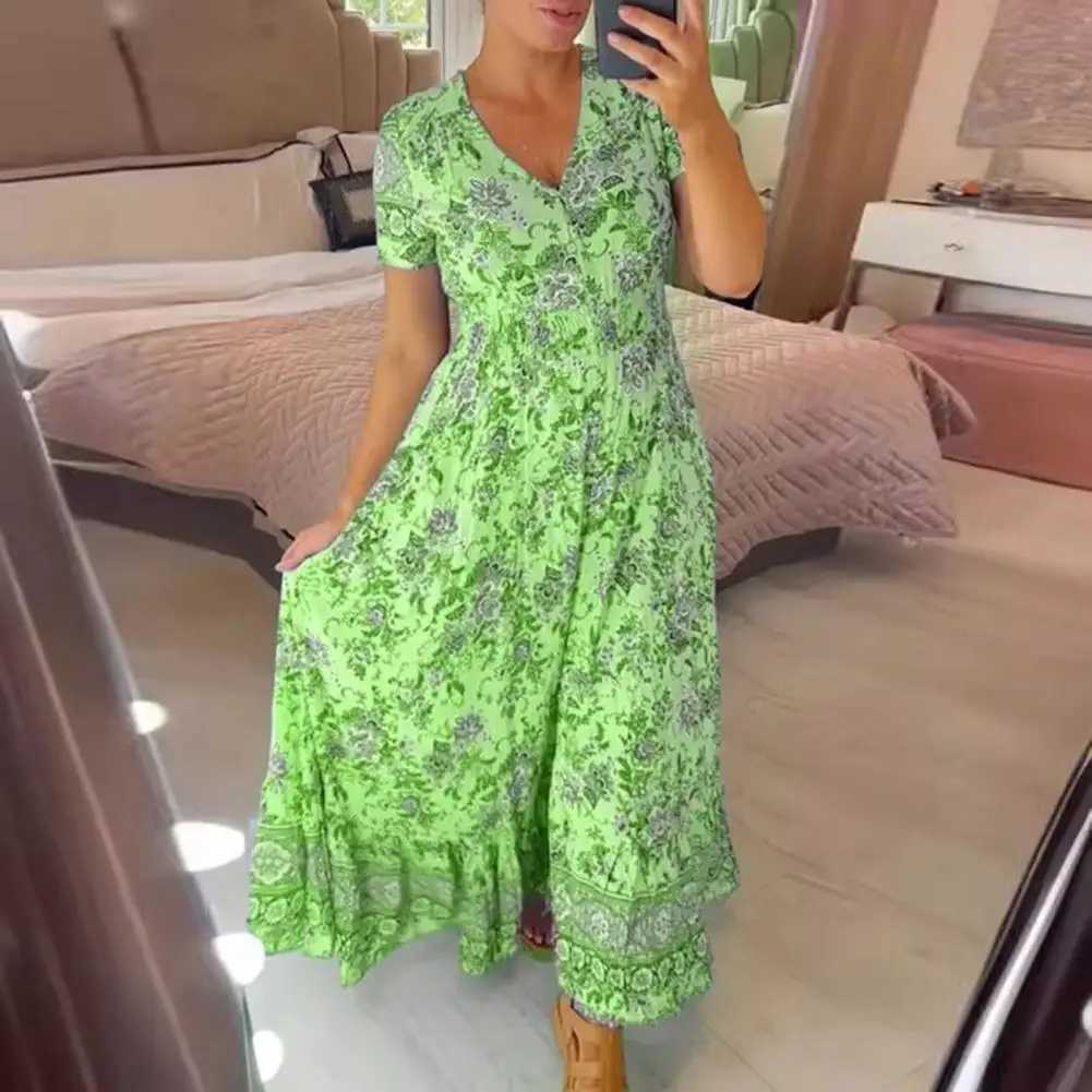 Basic Casual Dresses Floral Printed Dress Floral Print V Neck Maxi Dress with Ruffle Edge High Waist A-line Silhouette for Dating or Beach Ankle Y2405
