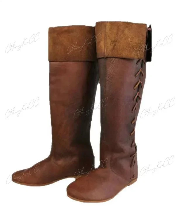 Renaissance medieval role-playing Gothic punk pirate prop shoes PULEATHER KNIGHT high boots mens paladin costume wizard 240823