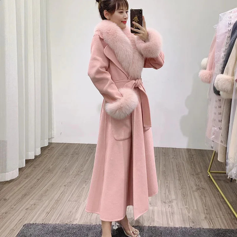 2024 Real Fur Coat Winter Jacket Womens Natural Fox Fur Collar Cuff Long Wool Blended Womens Warm Thick Coat 240824