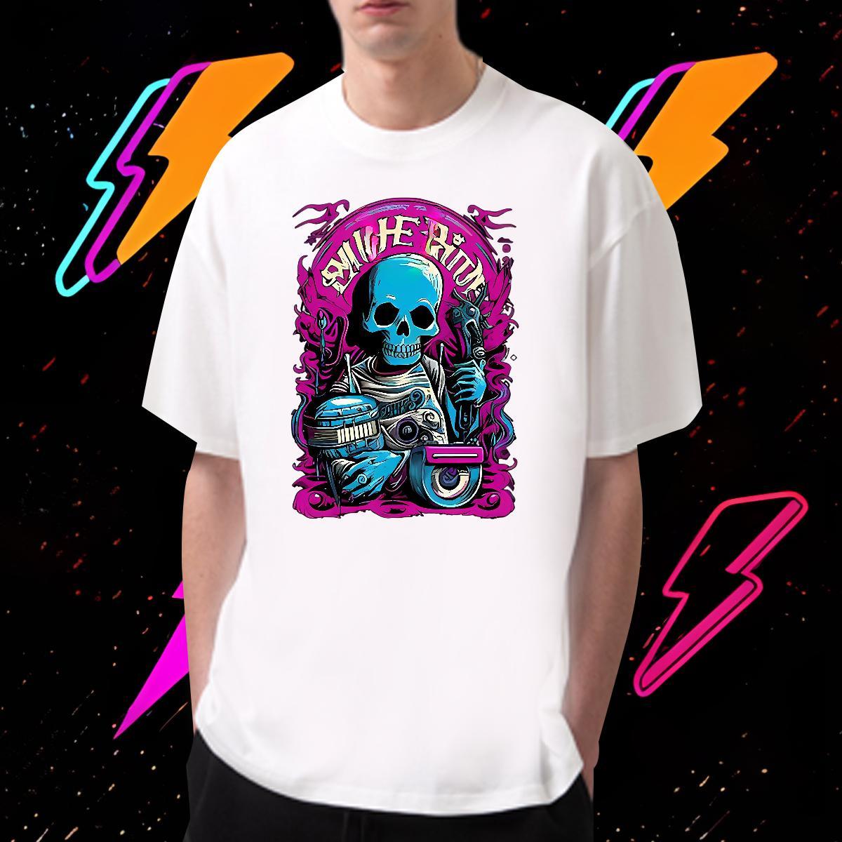 Free Shipping Man T Shirts 230g Cotton skull Spring Summer White Plus Size Breathable Short Sleeve Tshirt for Man Woman DIY Customized Clothes
