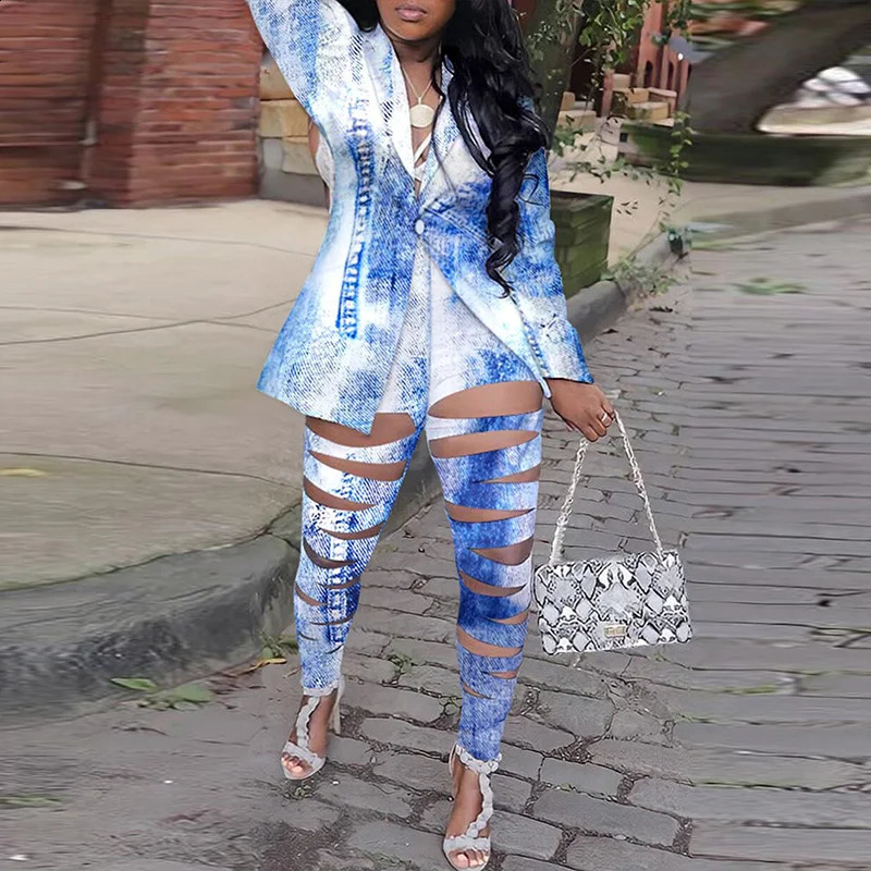 Plus Size Women Two Piece Set Turn Down Collar Vintage Print Autumn Long Sleeve Jacket Blazer Slim Hollow Out Pants Suit 240823