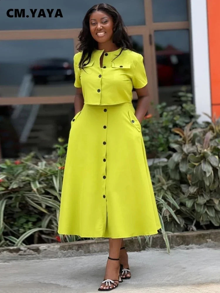 CM.YAYA Women Set Street Short Sleeve O-Neck Button Tops midi Skirts Suits Two 2 Piece Sets Summer OL Fitness Tracksuits 240823