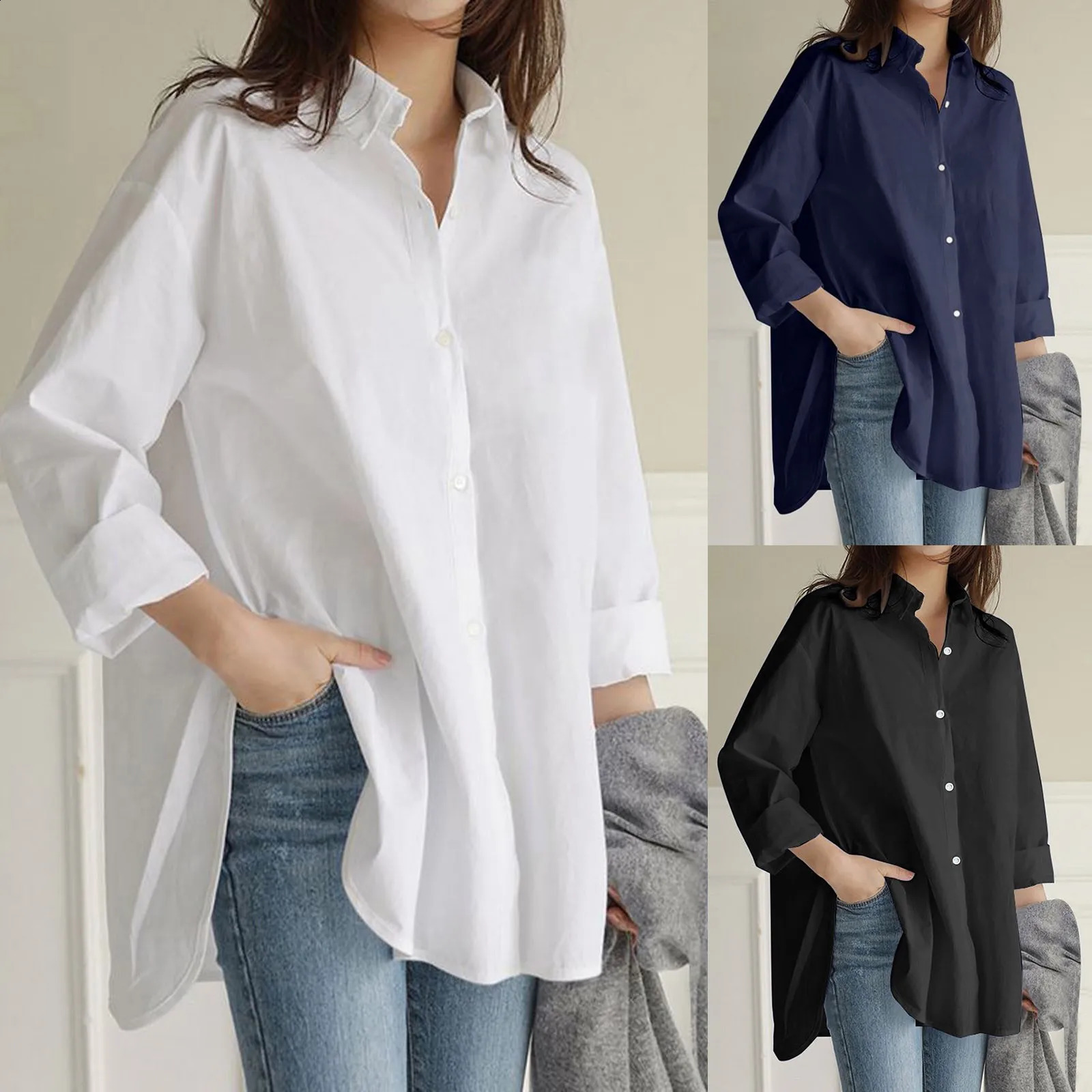 Fashion Casual Women Long Blouse WIth Buttons Oversize Loose V-Neck Long Sleeve Solid Shirts Office Ladies Elegant Business Tops 240823