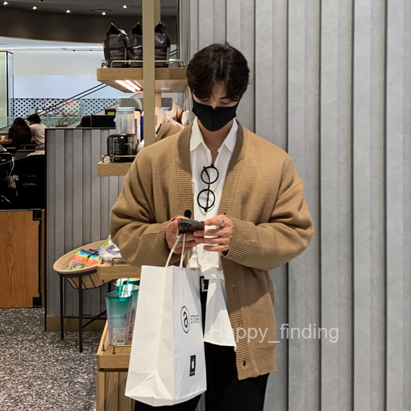 Autumn and Winter V-neck Knitted Sweater Cardigan Khaki Soft Glutinous Jacket Mens Korean Version Loose Sweater Korean Dongdaemun Mens Fashion Trend