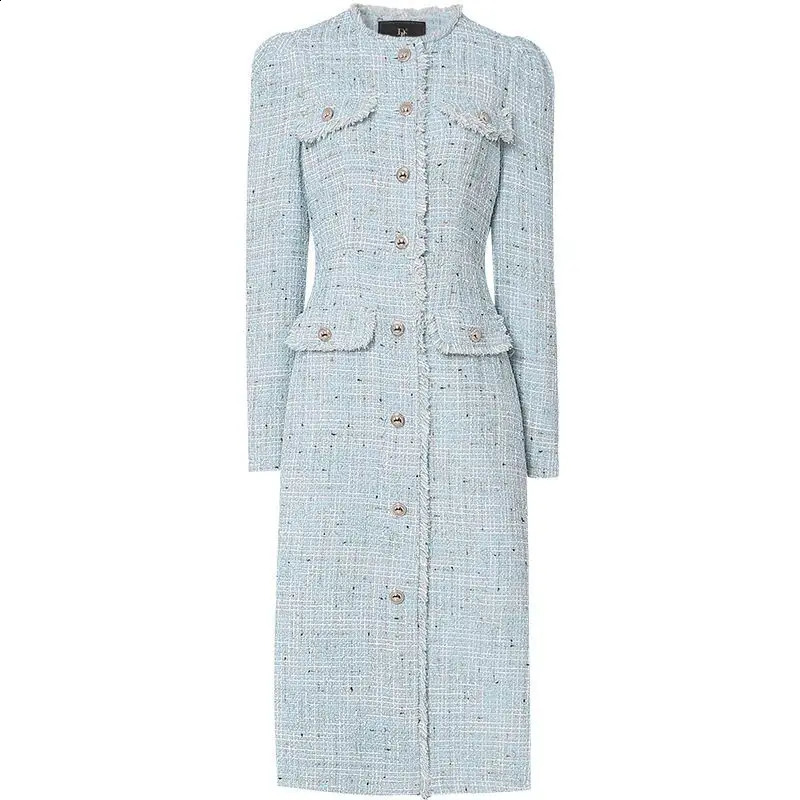Womens Autumn and Winter Pullover Round Neck Panel Button Solid Color Slimming Mid Length Flower Tweed Long Sleeved Dress 240824