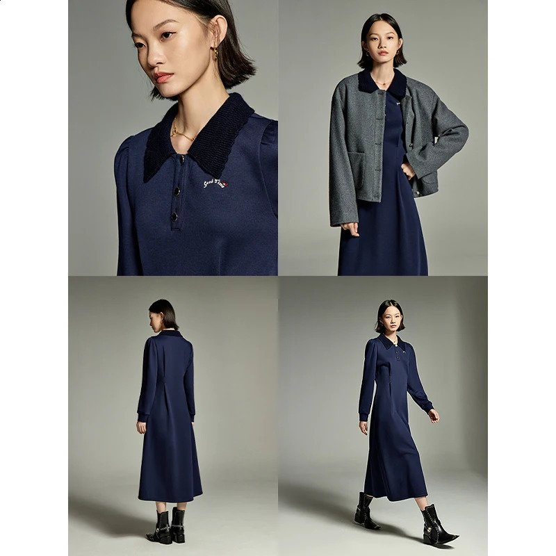 Toyouth Women Corduroy Plush Dress Winter Long Sleeve Polo Neck with Buttons A-shaped Slim Waist Retro Elegant Navy Skirt 240824