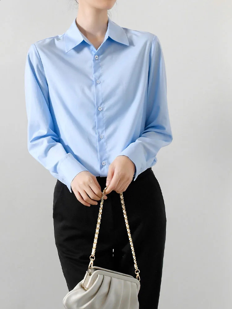 Oversize Shirt Women Blouses Elegant Streetwear Office Cotton 100% Loose Button Up Casual White Blue Long Sleeve Vintage Tops 240823