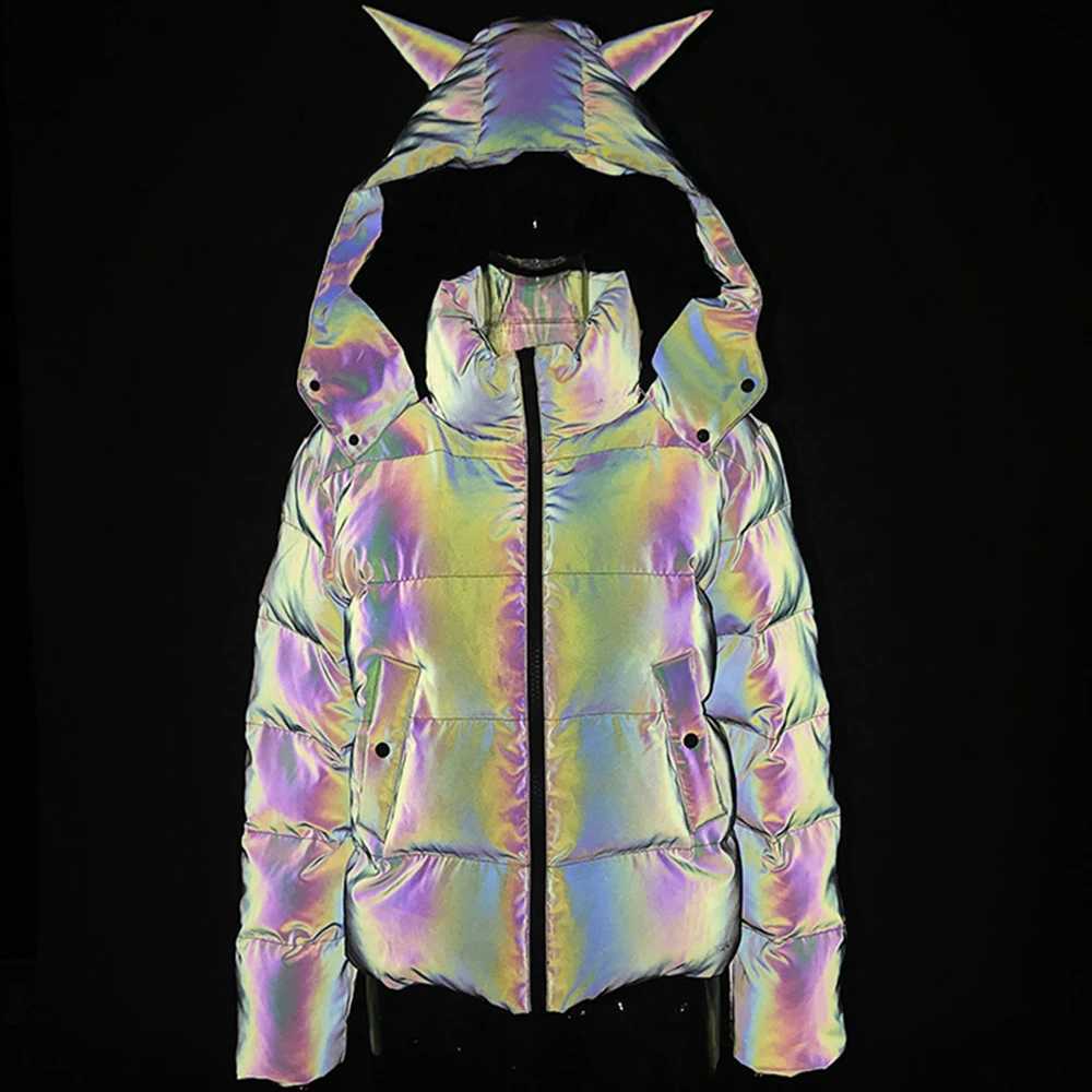 Women's Down Parkas Winter Women Rainbow Reflective Horn Hooded Parkas Down Bubble Coat Puffer Jacket Bling Luminous Cute Hooded Down Jacket Outc