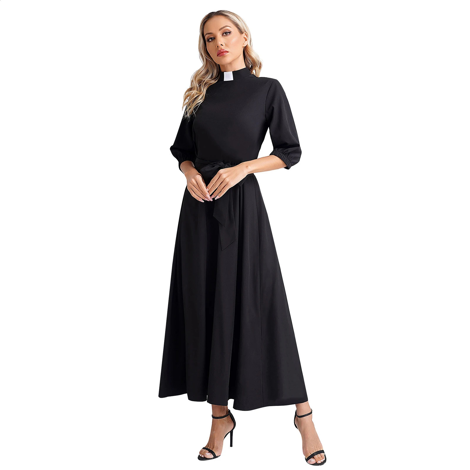 Womens Church Clergy Dress Minister Role Playing Theme Party Service Robe 34 Sleeves Swinging Long with Belt 240823
