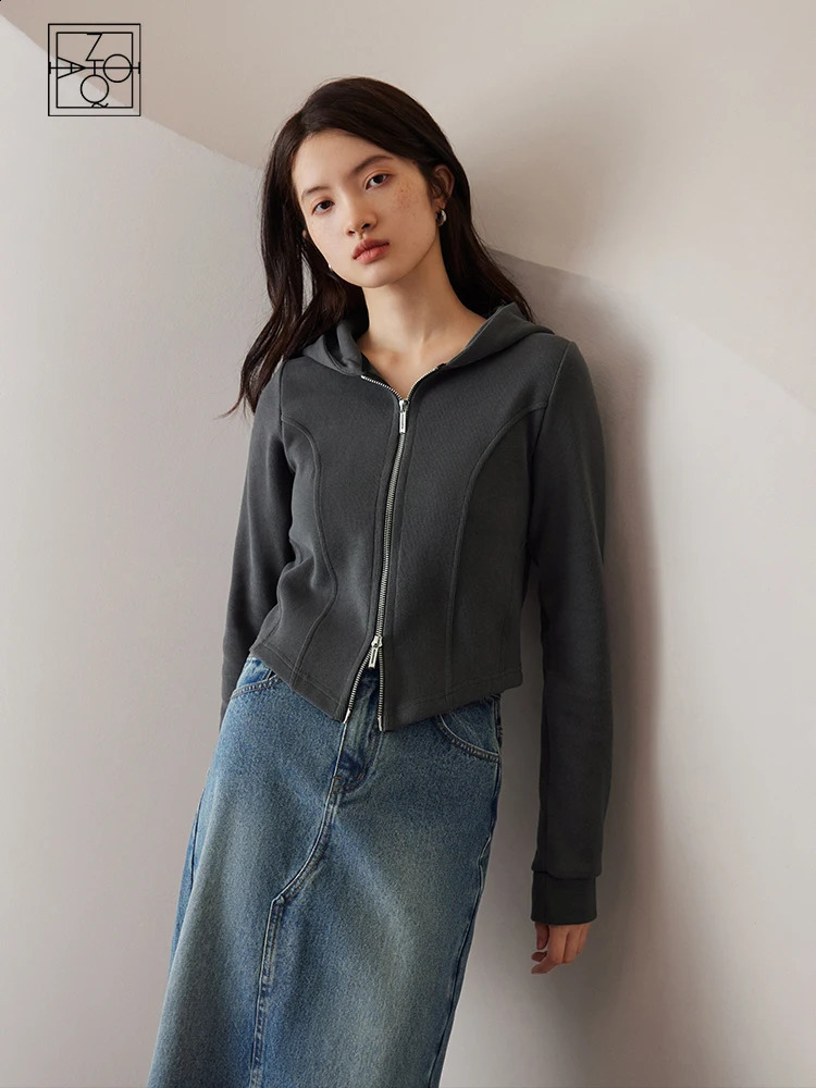 ZIQIAO Women Autumn Dark Grey Hoodies Double Zip Female Cropped Sweatshirt Jackets Short Simple Front Shoulder casual Tops 240824