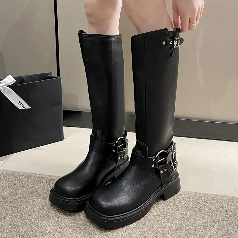 Retro button denim womens Western style boots Suqare toe platform knee high boots womens PU leather mid length Botas De Mujer 240823
