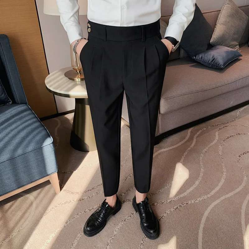 British Style Twill Pleat Naples High Waist Casual Trousers Fashion Man Slim Simple Social Party Suit Pant Plus Size 38 240820