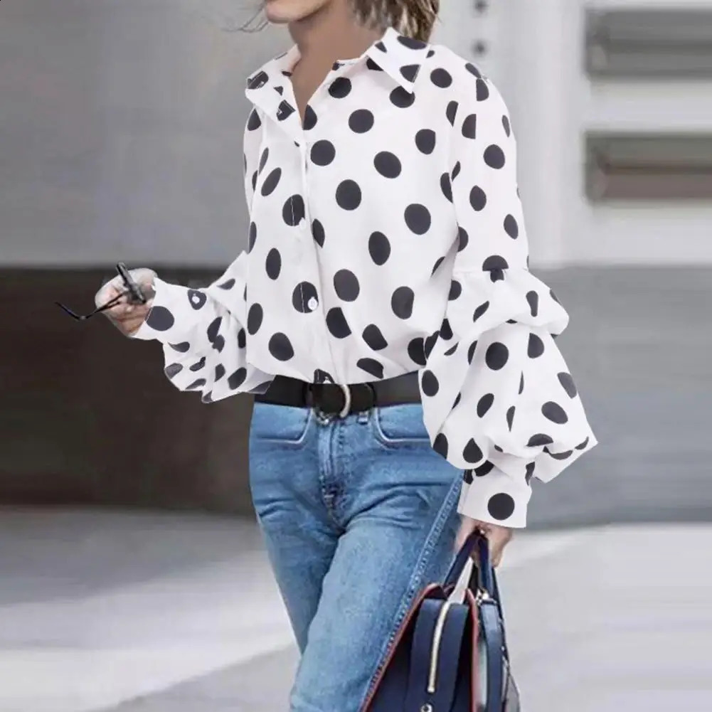 Women Lapel Lantern Long Sleeve Shirt Leopard Dot Print Single Breasted Blouse Casual Fit Shirt Tops Streetwear 240823