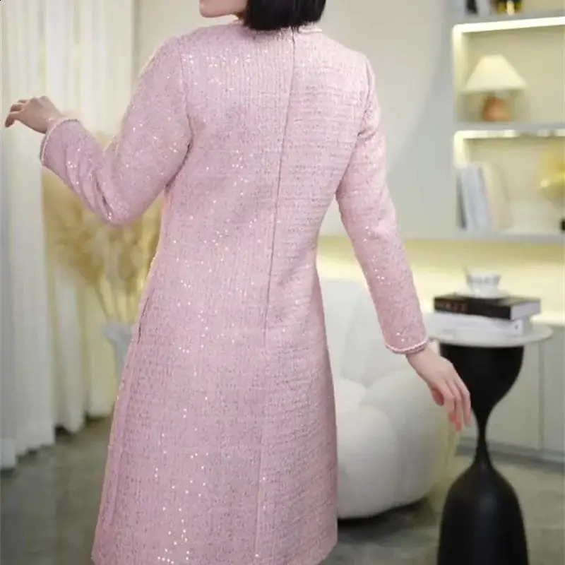 Autumn Winter Elegant Sequins Tweed Dress For Women Long Sleeve High Waist Celebrity Slim Mini Party Vestidos 150P 240824