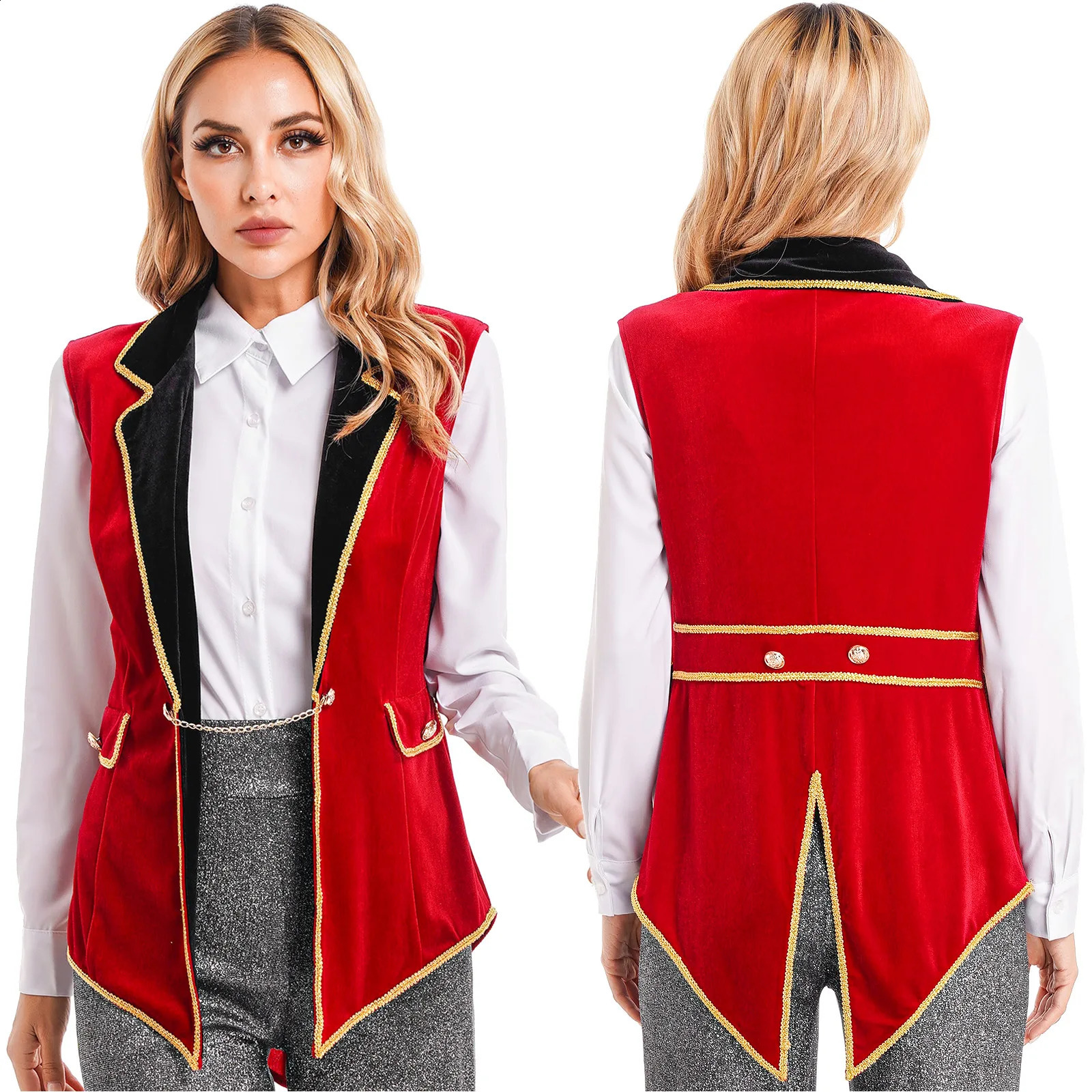 Womens Halloween Circus Ringmaster Tail Coat Carnival Theme Party Performer Role Playing Costume Sleeveless Collar Velvet Jacket 240823