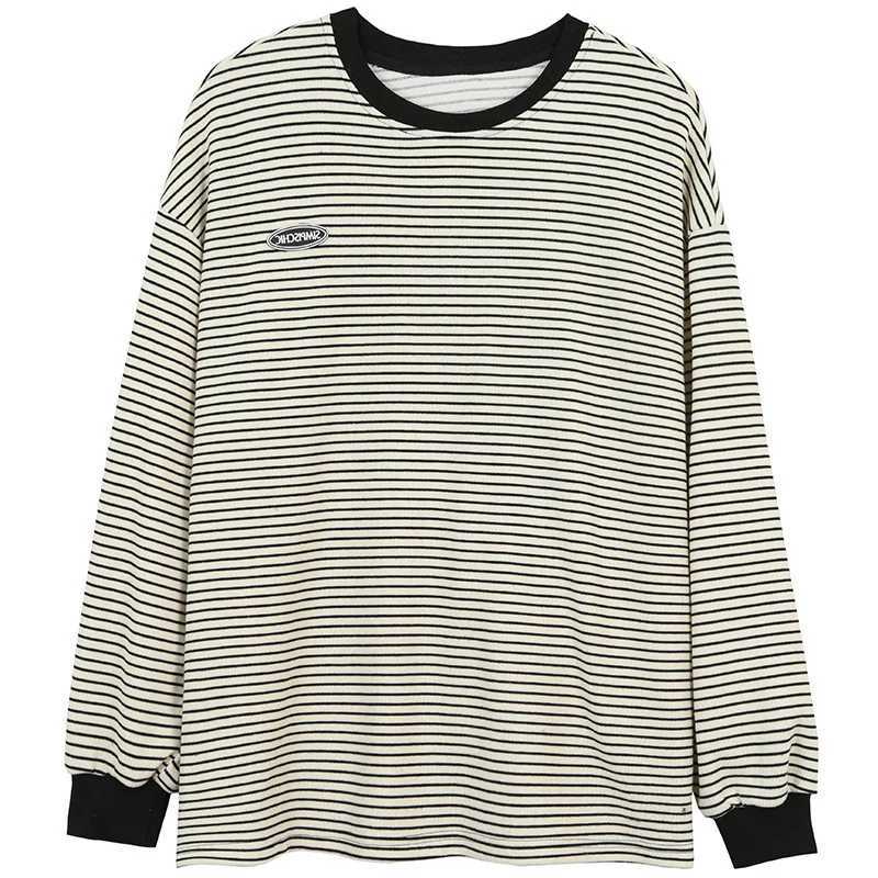 Women's T-Shirt Womens striped T-shirt womens O-neck long Sleve Korean black necklace womens summer/autumn clothing WYP6834 Y240824GDT5