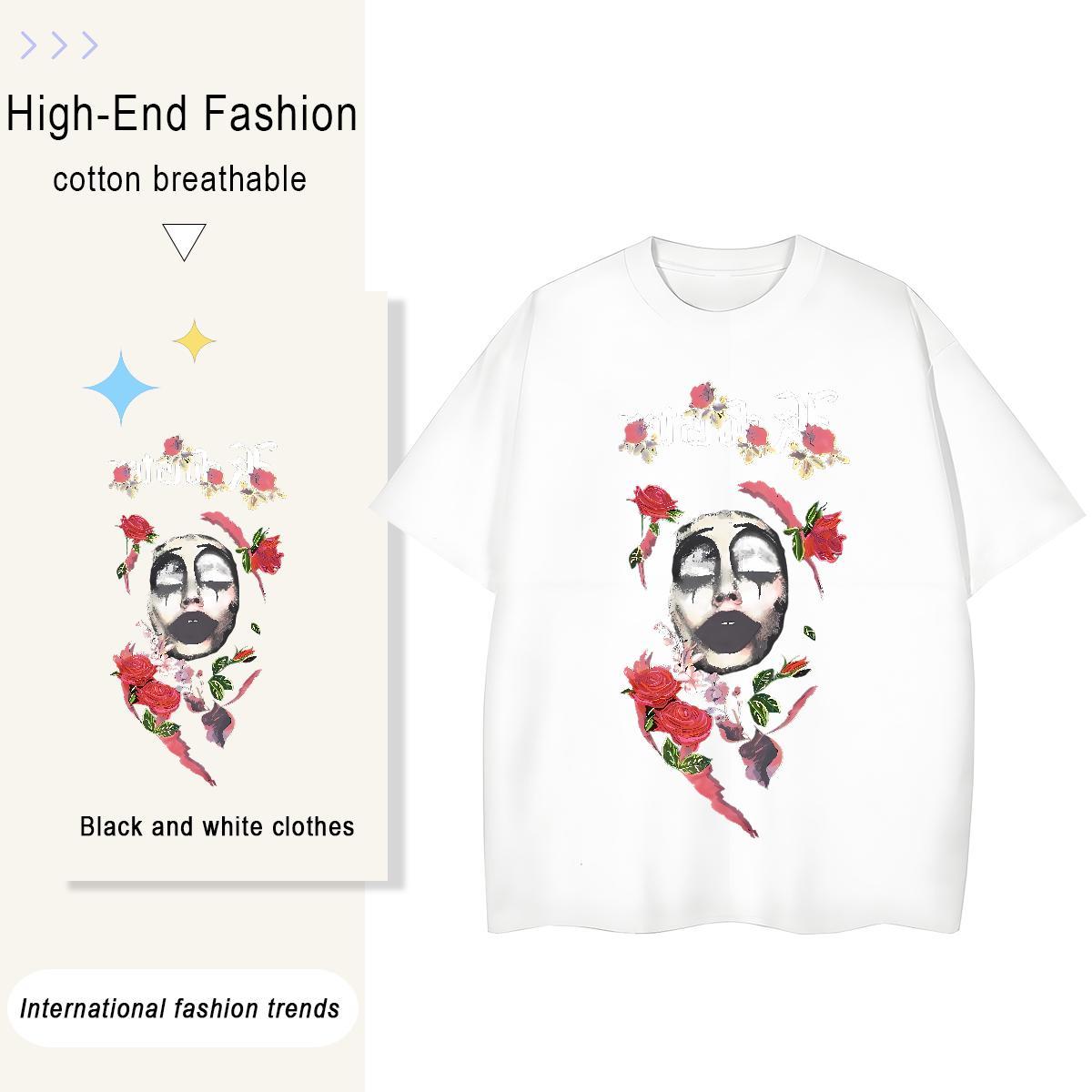 Brand Men Clothes T-Shirt ROSE High Street Hip Hop 230g 100% Cotton Tees Crew Neck Breathable Soft T Shirt For Man DIY Printed
