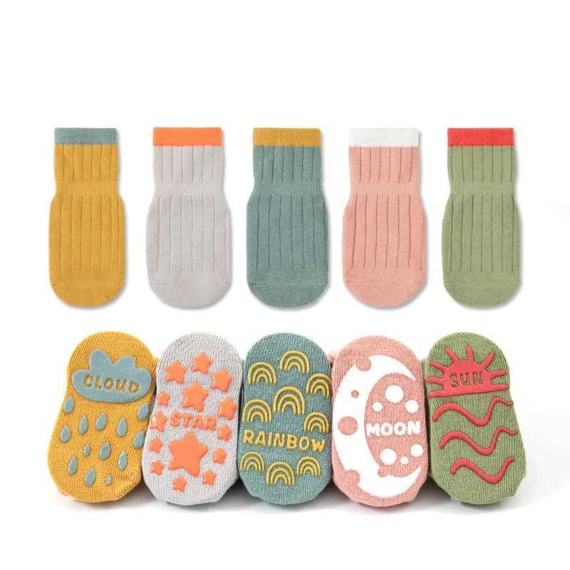 5 pairs of childrens socks solid color striped rubber anti slip newborn baby floor socks cotton girls baby socks CL240824