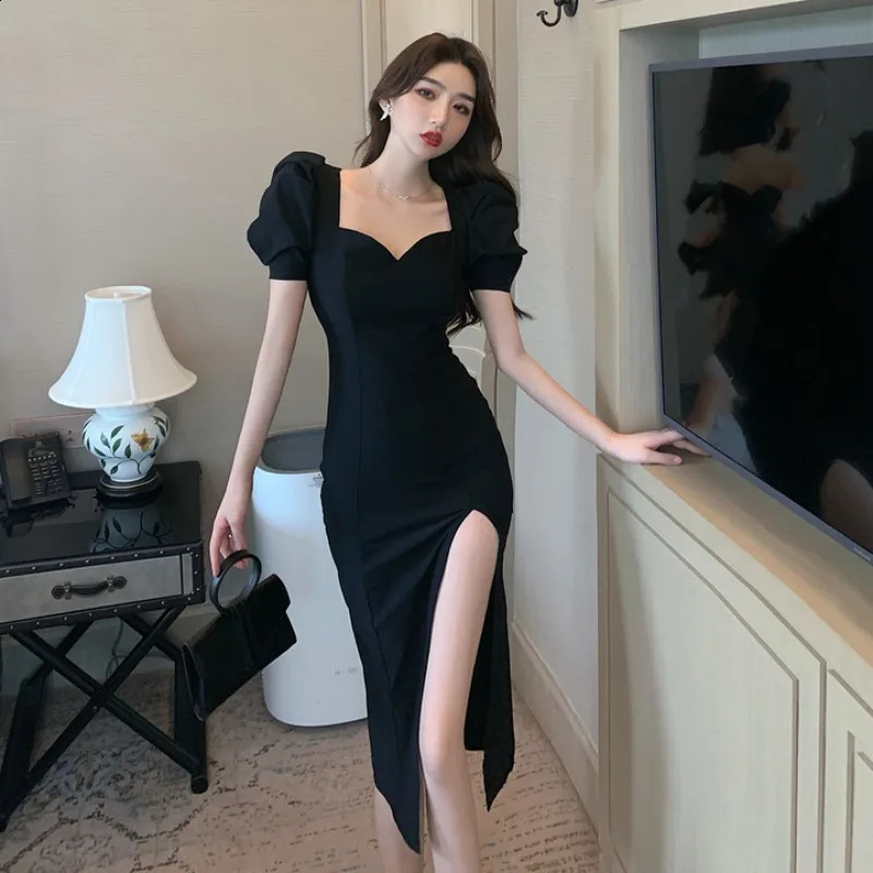 Women Dress Elegant Skirt French Style Slim Fit Long Frock Bubble Sleeve Sexy High Split Trendy Clothes Feamle Summer Fall 240823