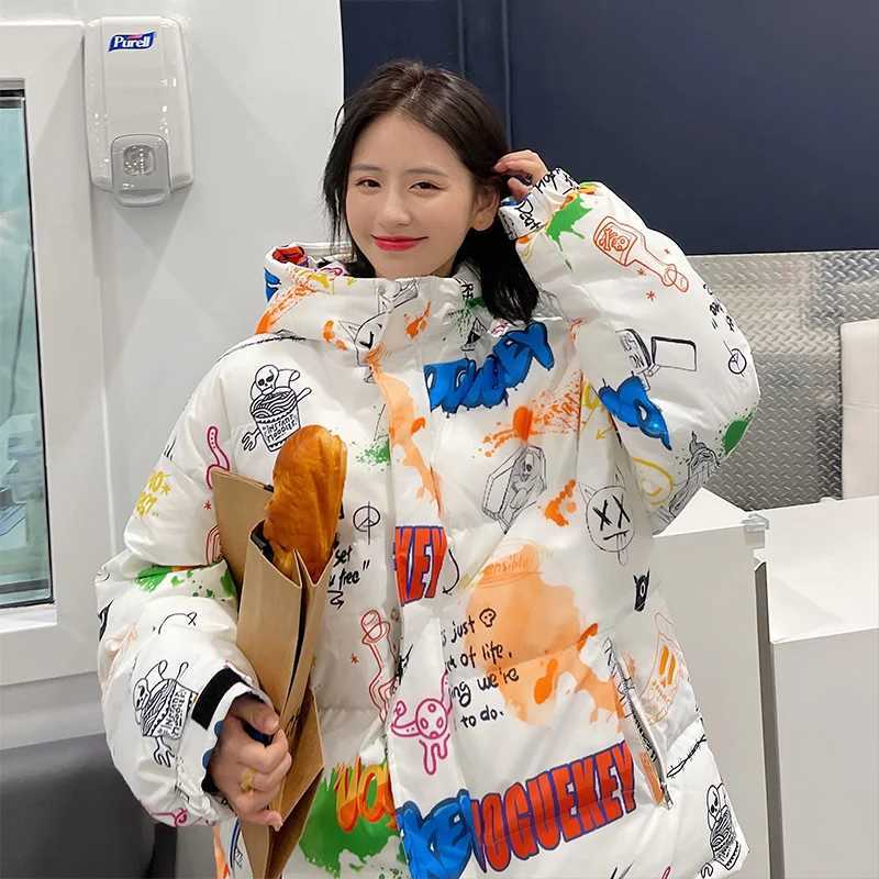 Women's Down Parkas Fashion Y2K T-shirt Printed Hooded Puff Jacket Womens Kavay Cartoon Casual Zipper Jacket Womens Winter Thick Warm Jacket Y240